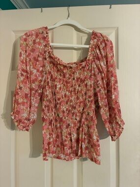 Women's Pink Floral Smocked Peasant Top